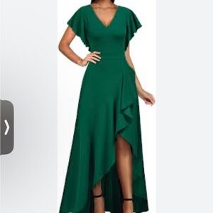 Miusol Emerald Green Ruffled Evening Dress V-Neck